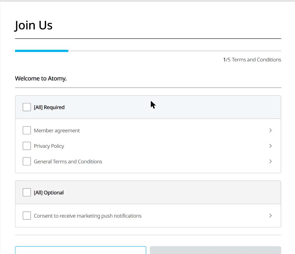 Atomy USA registration step 1 of 5: terms and conditions with required and optional checkboxes