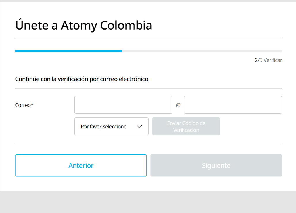 Registro en Atomy Colombia, paso 2 de 5: verificación del correo electrónico