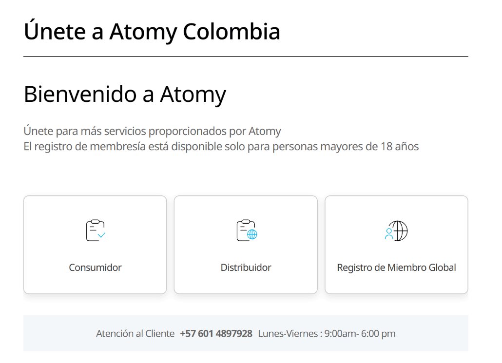 Página de registro de Atomy Colombia con las opciones Consumidor, Distribuidor y miembro global