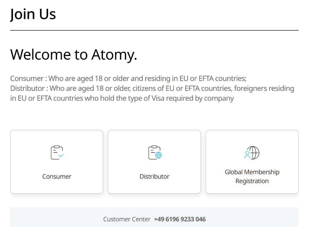 Atomy Europe „Join Us“-Seite mit den Optionen Consumer, Distributor und Global Membership Registration