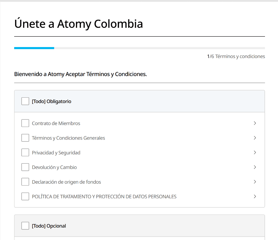 Registro en Atomy Colombia, paso 1: términos y condiciones