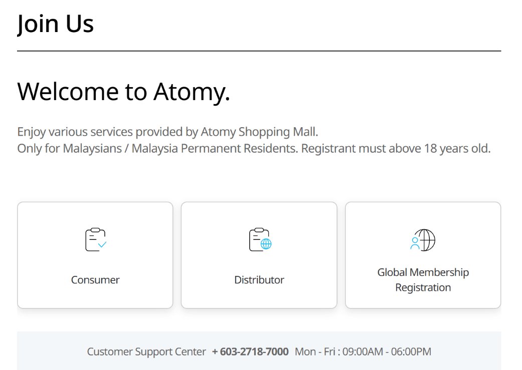 Atomy Malaysia Join Us page with Consumer, Distributor and Global Membership Registration options