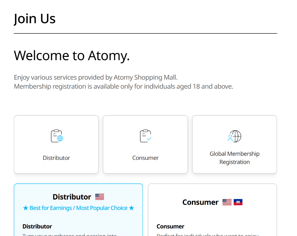 Atomy USA Join Us page with Distributor, Consumer and Global Membership Registration options