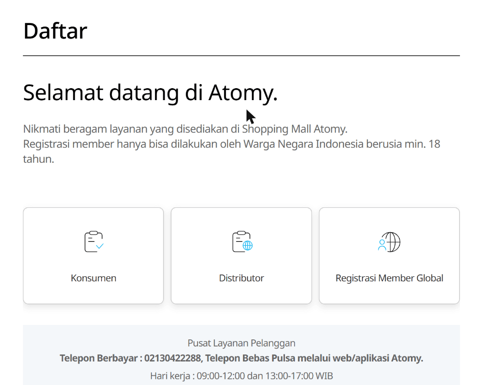 Halaman pendaftaran Atomy Indonesia dengan pilihan Konsumen, Distributor, dan Anggota Global
